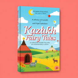 A light and modern book cover design for a collection of Kazakh fairy tales, showcasing elements of contemporary Kazakh culture