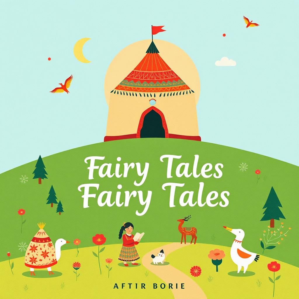 A light and contemporary book cover design for a collection of Kazakh fairy tales, featuring a playful and whimsical approach