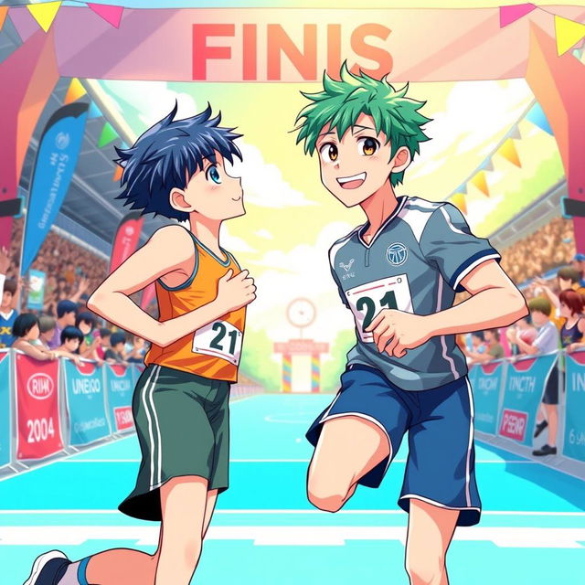 A vibrant anime-style illustration depicting two young men in love at a finish line