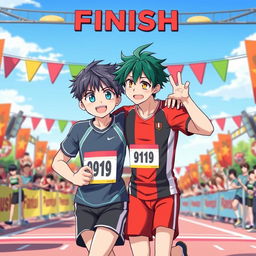 A vibrant anime-style illustration depicting two young men in love at a finish line