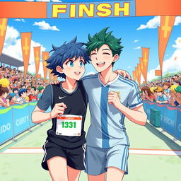 A vibrant anime-style illustration depicting two young men in love at a finish line