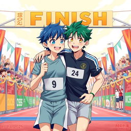 A vibrant anime-style illustration depicting two young men in love at a finish line