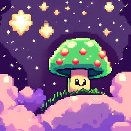 Pixel art profile picture featuring a happy green mushroom under a starlit midnight sky.