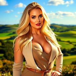 A glamorous blonde woman from England with voluptuous curves, showcasing a confident and elegant pose