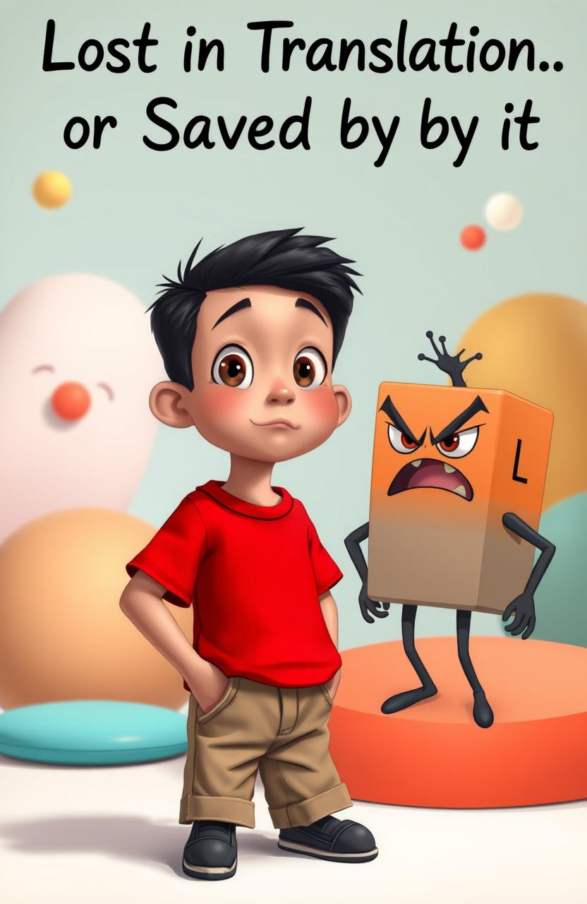 A whimsical scene depicting a 12-year-old Filipino boy named Diego, wearing a vibrant red round-necked shirt and knee-length khaki pants