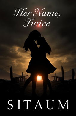 A book cover design for 'Her Name, Twice' written by Straum, featuring a striking silhouette of two girls embracing each other