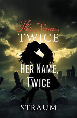 A book cover design for 'Her Name, Twice' written by Straum, featuring a striking silhouette of two girls embracing each other