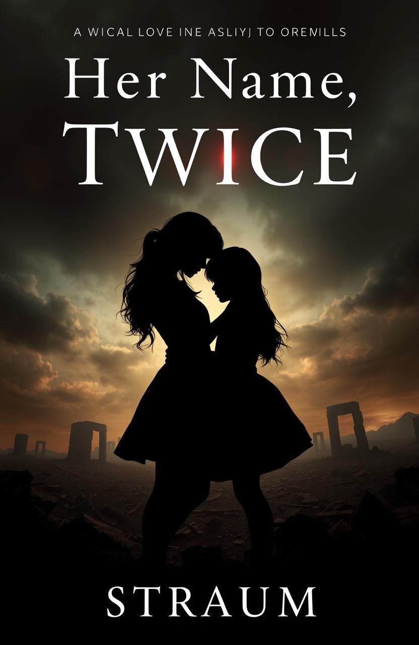A book cover design for 'Her Name, Twice' written by Straum, featuring a striking silhouette of two girls embracing each other