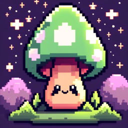 Pixel art profile picture featuring a happy green mushroom under a starlit midnight sky.