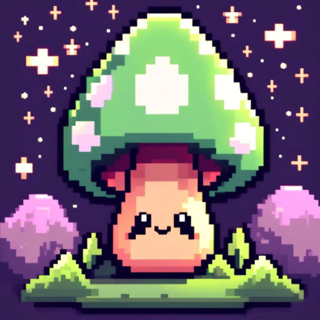 Pixel art profile picture featuring a happy green mushroom under a starlit midnight sky.