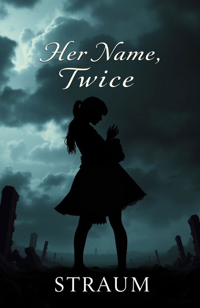 A book cover design for 'Her Name, Twice' written by Straum, featuring a striking silhouette of two girls embracing each other