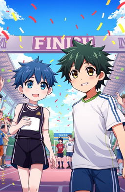 A vibrant anime-style illustration depicting a heartwarming scene at the finish line of a sports event