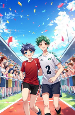 A vibrant anime-style illustration depicting a heartwarming scene at the finish line of a sports event