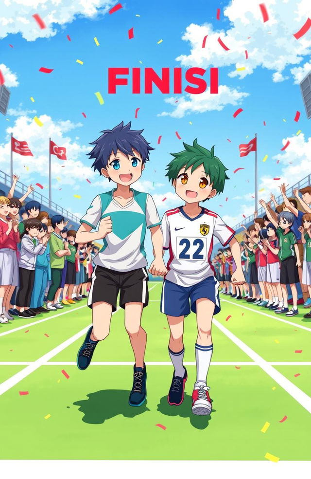 A vibrant anime-style illustration depicting a heartwarming scene at the finish line of a sports event