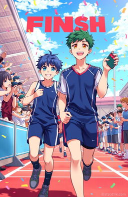 A vibrant anime-style illustration depicting a heartwarming scene at the finish line of a sports event