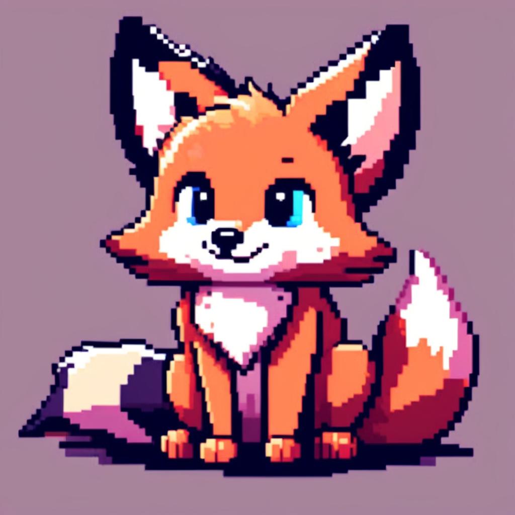 Pixel art profile picture featuring an adorable fox with large eyes and a bushy tail against a contrasting background.