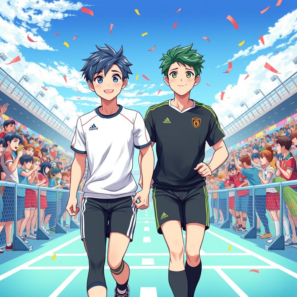 A vibrant anime-style illustration depicting a heartwarming scene at the finish line of a sports event