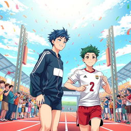 A vibrant anime-style illustration depicting a heartwarming scene at the finish line of a sports event