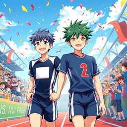 A vibrant anime-style illustration depicting a heartwarming scene at the finish line of a sports event