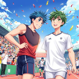 A vibrant anime-style illustration depicting a heartwarming scene at the finish line of a sports event
