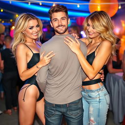 A playful scene featuring two sexy women, both in stylish and alluring outfits, playfully slapping a man's behind