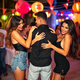 A playful scene featuring two sexy women, both in stylish and alluring outfits, playfully slapping a man's behind
