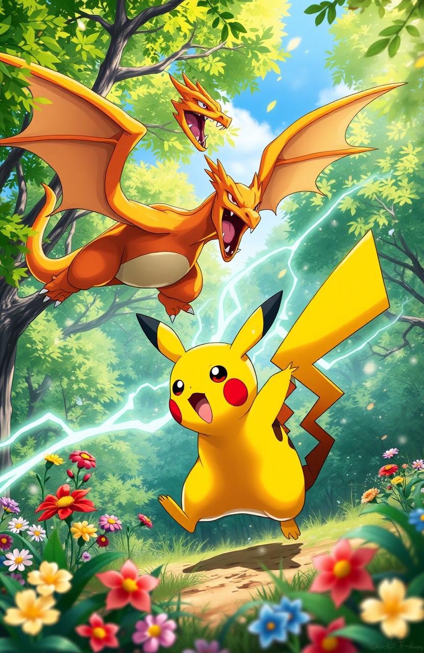 A vibrant, colorful scene depicting a lively Pokemon battle in a lush forest setting, featuring Pikachu unleashing its Thunderbolt attack against a fierce Charizard soaring in the sky