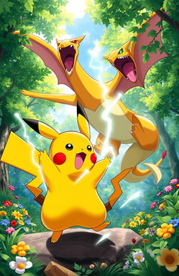 A vibrant, colorful scene depicting a lively Pokemon battle in a lush forest setting, featuring Pikachu unleashing its Thunderbolt attack against a fierce Charizard soaring in the sky