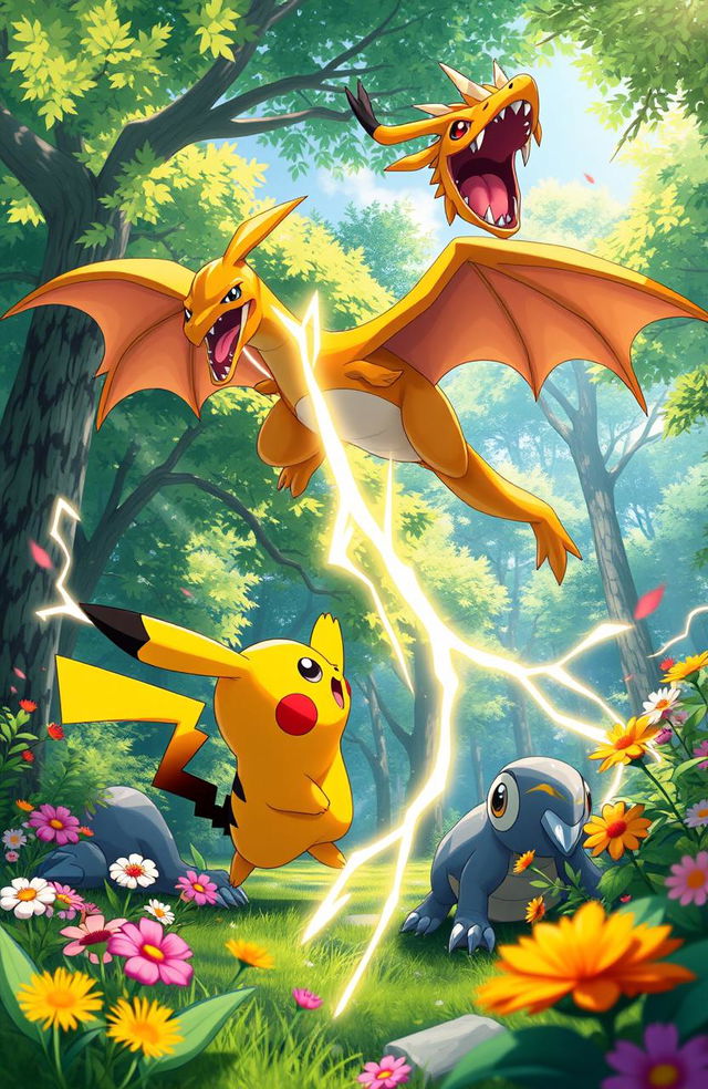 A vibrant, colorful scene depicting a lively Pokemon battle in a lush forest setting, featuring Pikachu unleashing its Thunderbolt attack against a fierce Charizard soaring in the sky