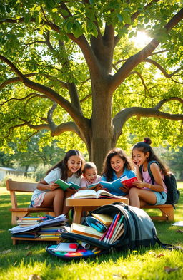 A vibrant scene depicting a serene outdoor classroom under a large, leafy tree