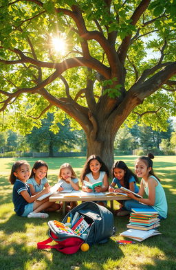 A vibrant scene depicting a serene outdoor classroom under a large, leafy tree