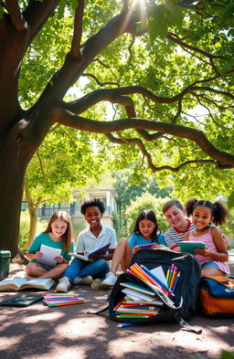 A vibrant scene depicting a serene outdoor classroom under a large, leafy tree
