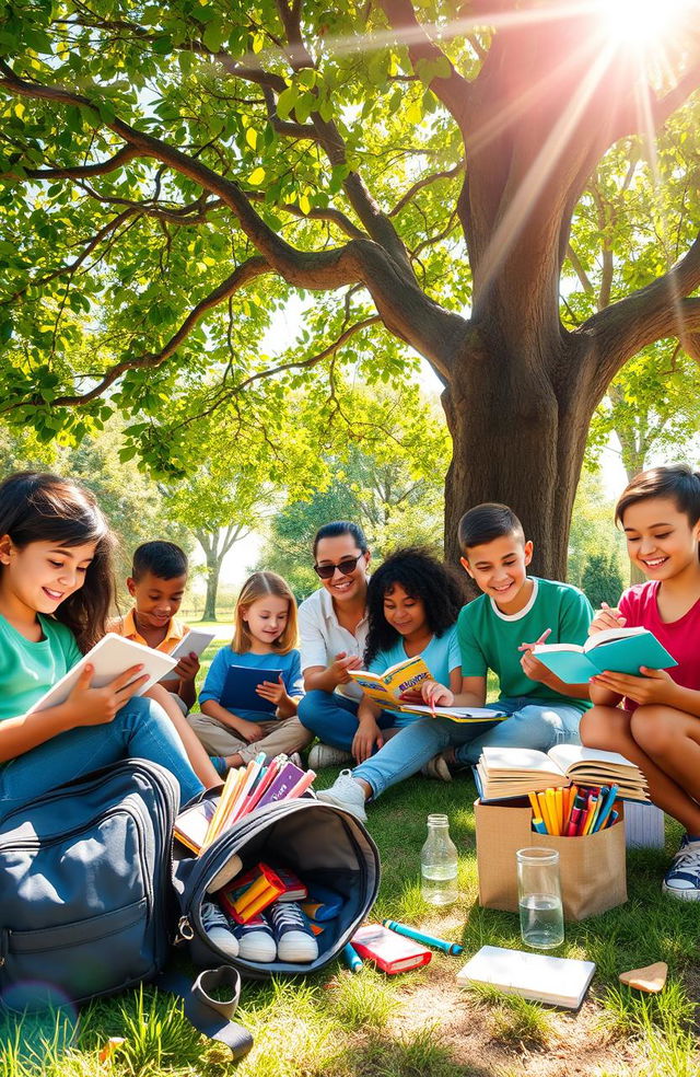 A vibrant scene depicting a serene outdoor classroom under a large, leafy tree