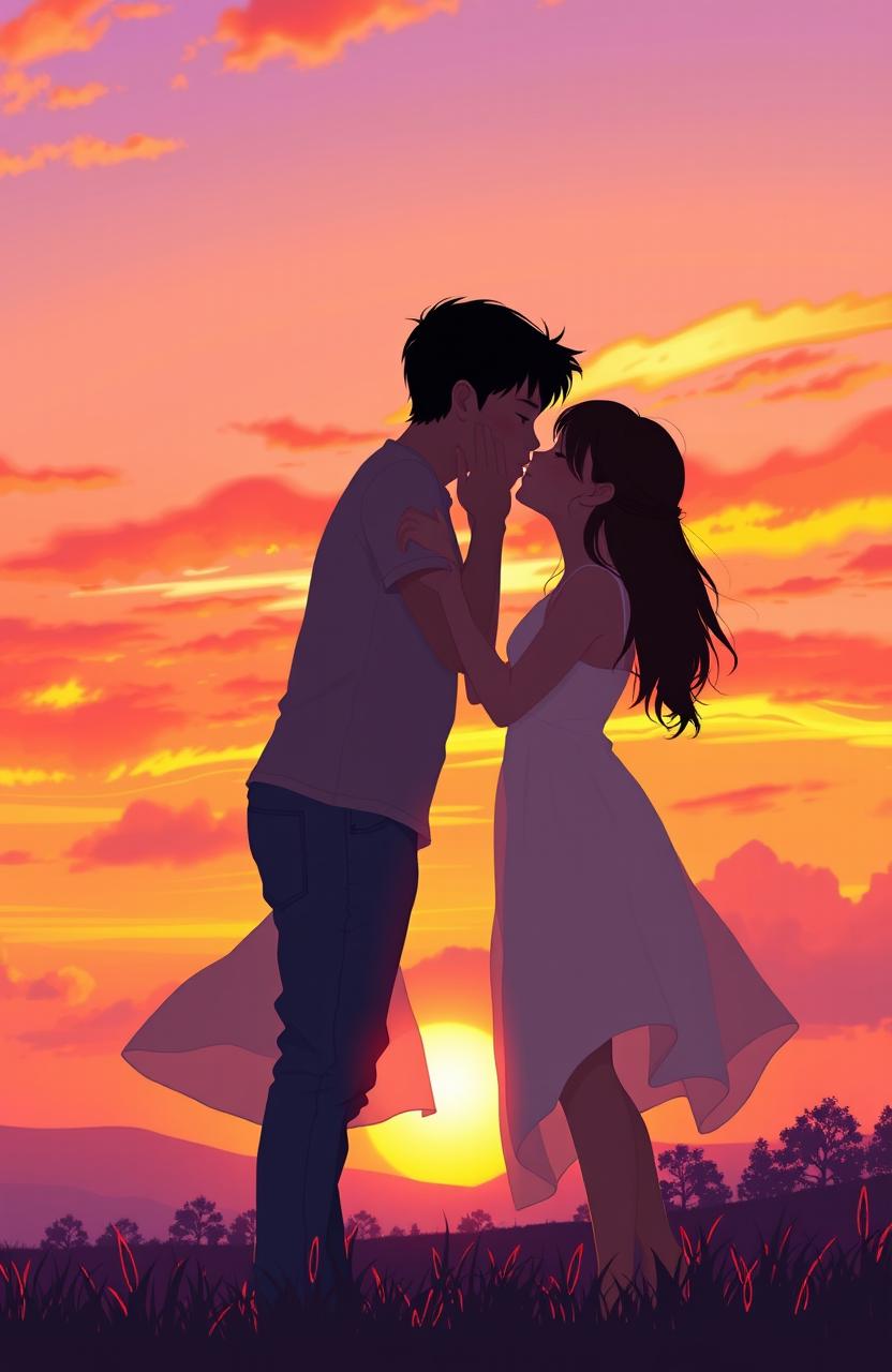 A romantic digital art scene depicting a boy and a girl sharing a tender kiss under a vibrant sunset, with warm hues of orange, pink, and purple painting the sky