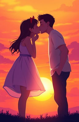 A romantic digital art scene depicting a boy and a girl sharing a tender kiss under a vibrant sunset, with warm hues of orange, pink, and purple painting the sky