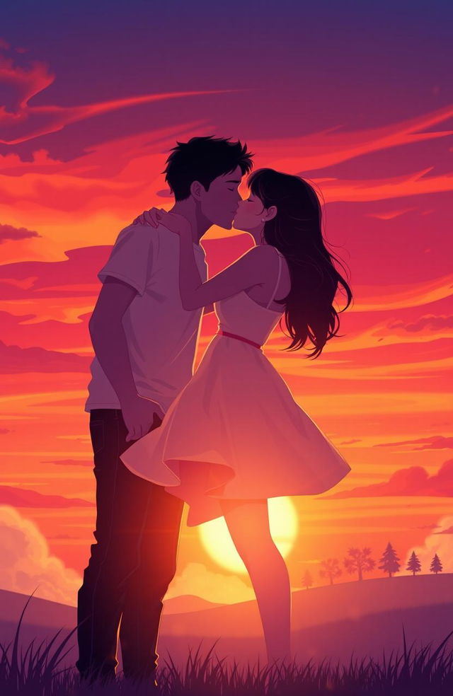 A romantic digital art scene depicting a boy and a girl sharing a tender kiss under a vibrant sunset, with warm hues of orange, pink, and purple painting the sky