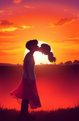 A romantic digital art scene depicting a boy and a girl sharing a tender kiss under a vibrant sunset, with warm hues of orange, pink, and purple painting the sky