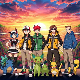 An epic scene featuring four ace Pokemon trainers standing confidently together