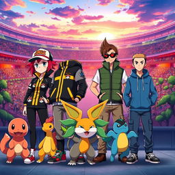 An epic scene featuring four ace Pokemon trainers standing confidently together