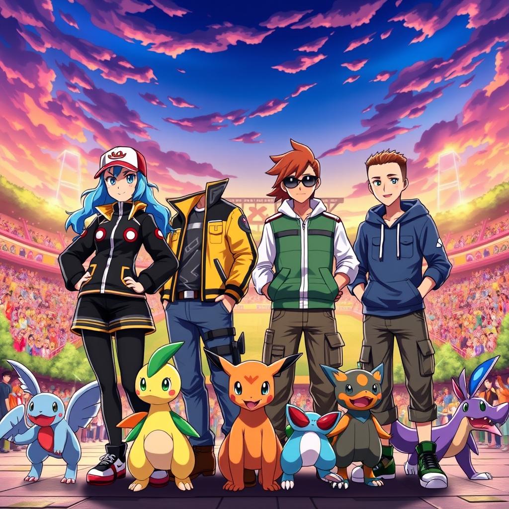 An epic scene featuring four ace Pokemon trainers standing confidently together