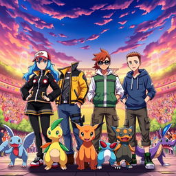 An epic scene featuring four ace Pokemon trainers standing confidently together