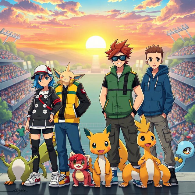 An epic scene featuring four ace Pokemon trainers standing confidently together