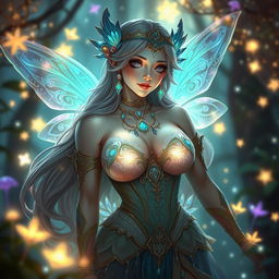 Aetheria, an enchanting fantasy character, featuring large breasts, adorned with mystical accessories