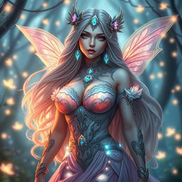 Aetheria, an enchanting fantasy character, featuring large breasts, adorned with mystical accessories