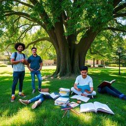 A lively outdoor scene featuring a large, green tree providing shade