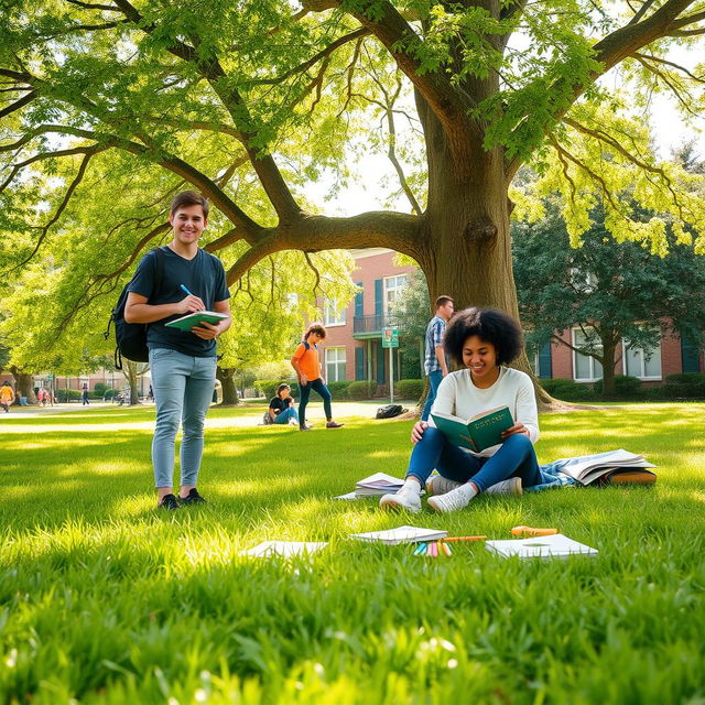 A lively outdoor scene featuring a large, green tree providing shade