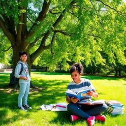 A lively outdoor scene featuring a large, green tree providing shade