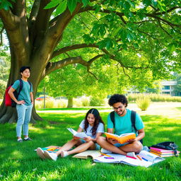 A lively outdoor scene featuring a large, green tree providing shade