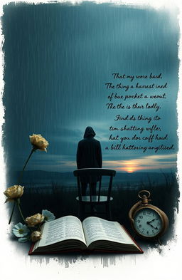 A somber, emotional scene featuring a solitary figure standing in the rain, surrounded by deep blues, grays, and blacks that evoke feelings of loneliness and despair