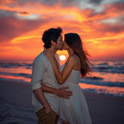 A stunningly realistic scene of a man gently kissing a woman under a breathtaking sunset